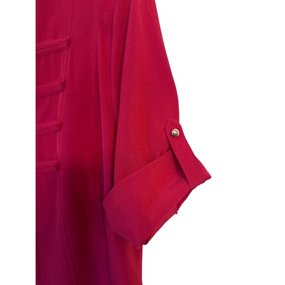 Kathy Che Button-Up Red Tunic Shirt 14/16W Mandarin Collar Roll Tab Sleeves - Picture 4 of 10